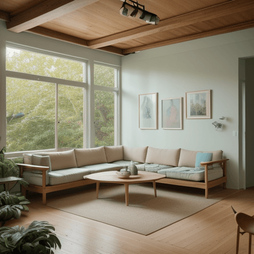 AI generated: High resolution photography interior design, dreamy sunken living room conversation pit, wooden floo...