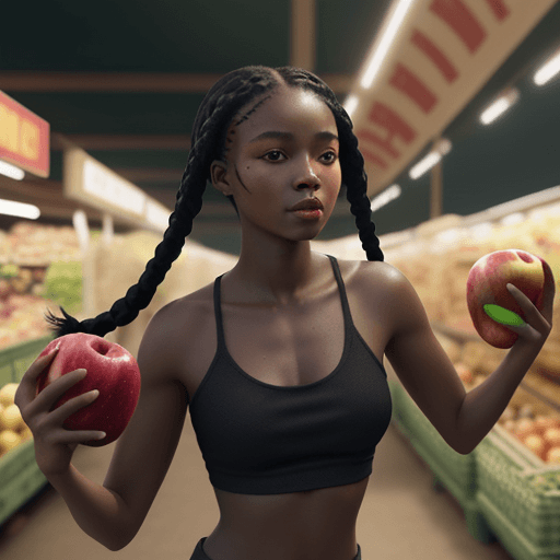 AI generated: Black girl with braids holding apples runs from people chasing her through the market, hyper-realism...