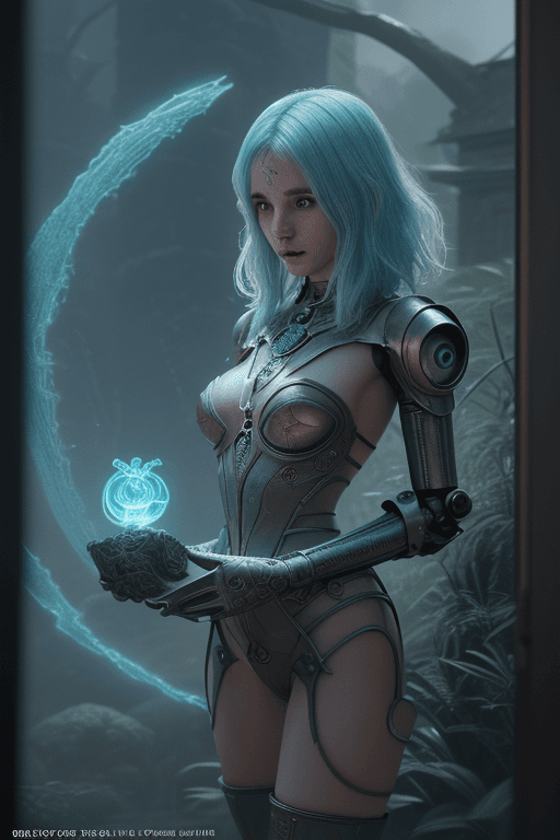 AI generated:  A young sorceress, transported in other world, the land of robots, while looking for her way home, ...
