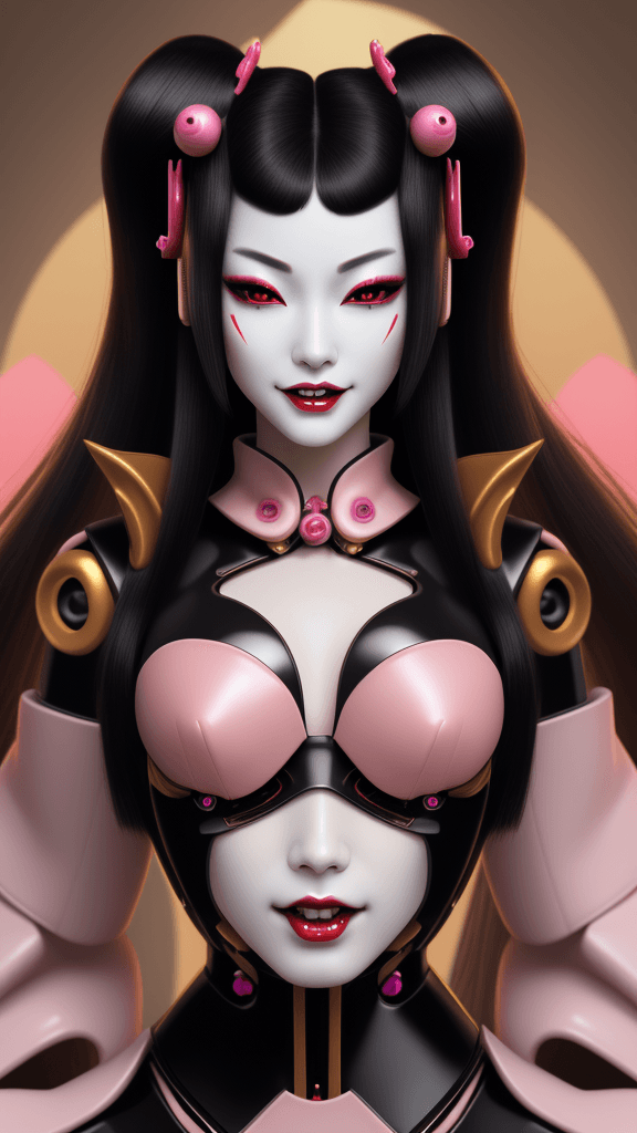 AI generated: woman with a robotic geisha face, porcelain skin and human body, long vampire golden fangs as teeth,...