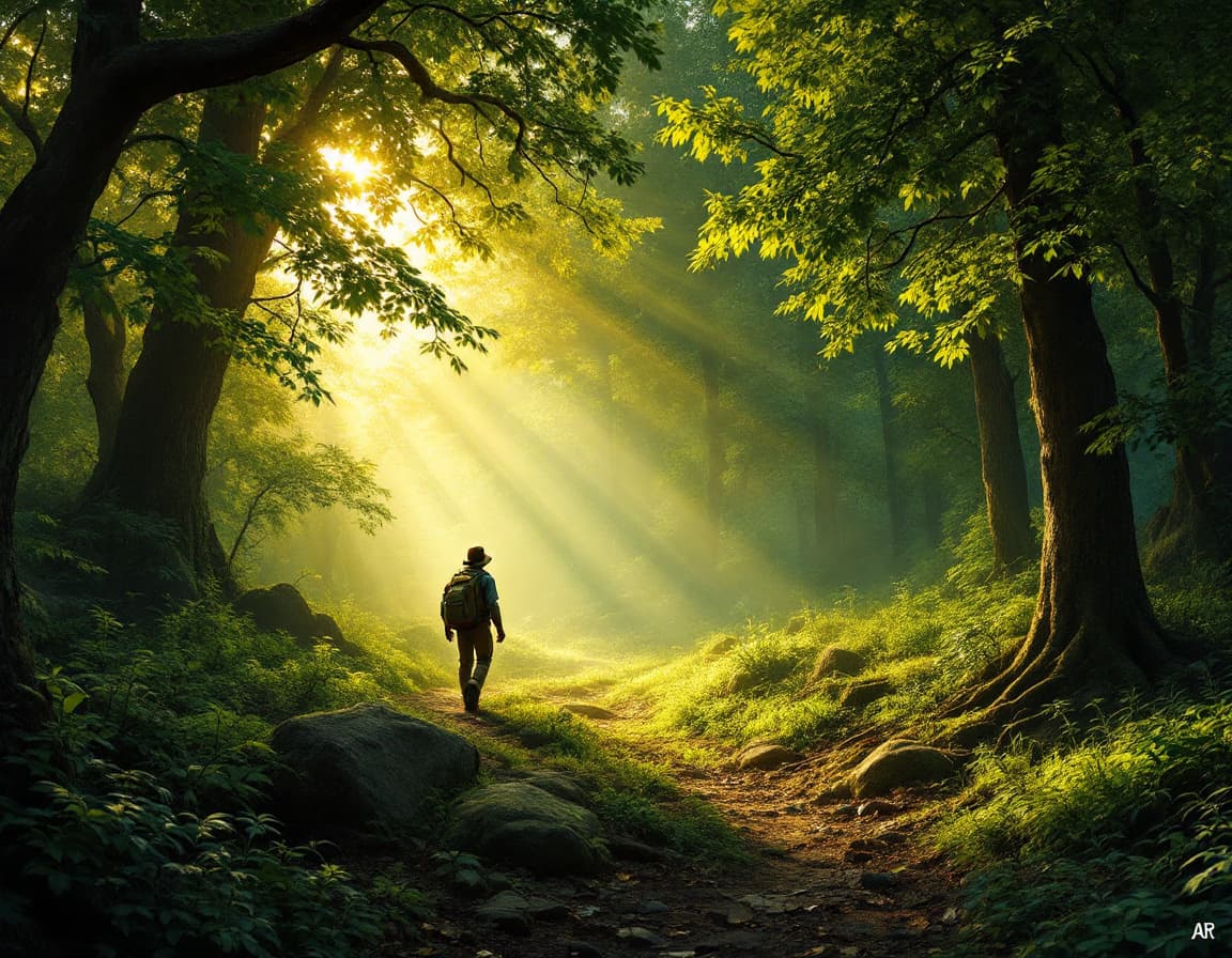 AI generated: tranquil forest scene depicting a lone explorer, walking through a beam of golden sunlight filtering...