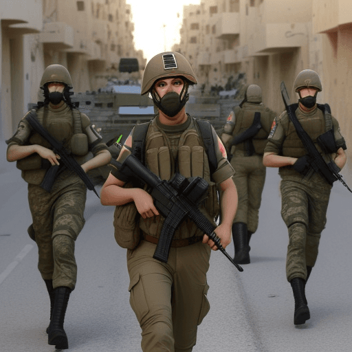 AI generated: palastine defence forces, army, IDF, fighting, military, streets, army, air force, flag palastine