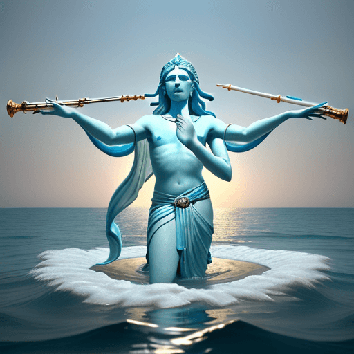 AI generated: a close up of a person holding a flute in the water, attractive male deity, cgi animation, hindi tex...
