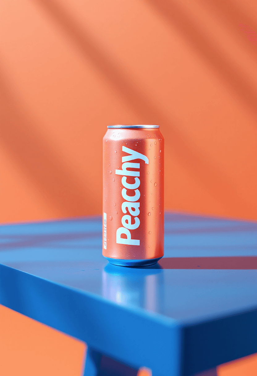 AI generated: Studio Product shot, a close up shot, A peach colour slim can of soft drink , can has PEACHY logo ve...