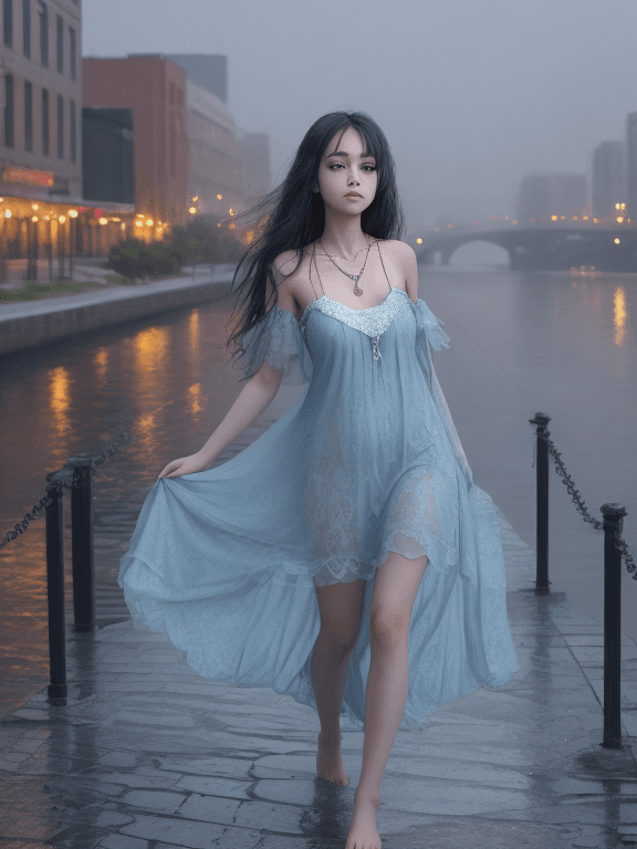 AI generated: full body of a girl with necklace ,wearing lace-trimmed nightgown colored misty blue, downtown backg...