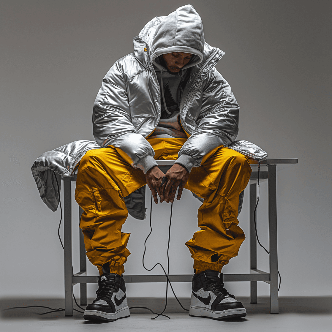 AI generated: capturing a model, silver and white color, man seating on table, wearing huge down jacket, matte yel...