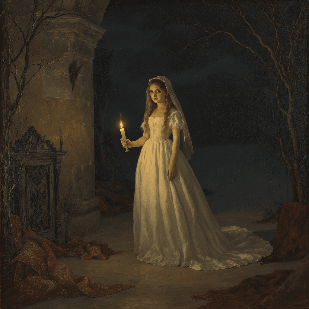 AI generated: a girl in a long white dress with a candle in her hand in a scary dark castle painting by Arthur Hug...