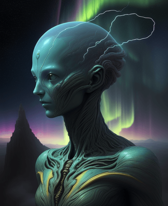AI generated: a detailed painting portrait inspired by moebius and beksinski of a vibrant friendly alien with auro...