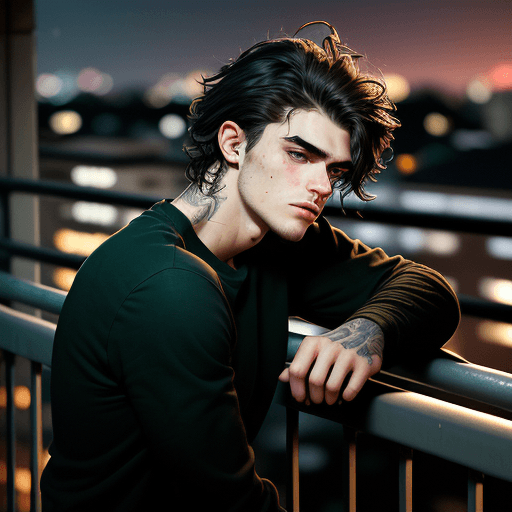 AI generated: moody, over-the-shoulder 100mm film camera editorial shot captures a young man, likely in his early ...