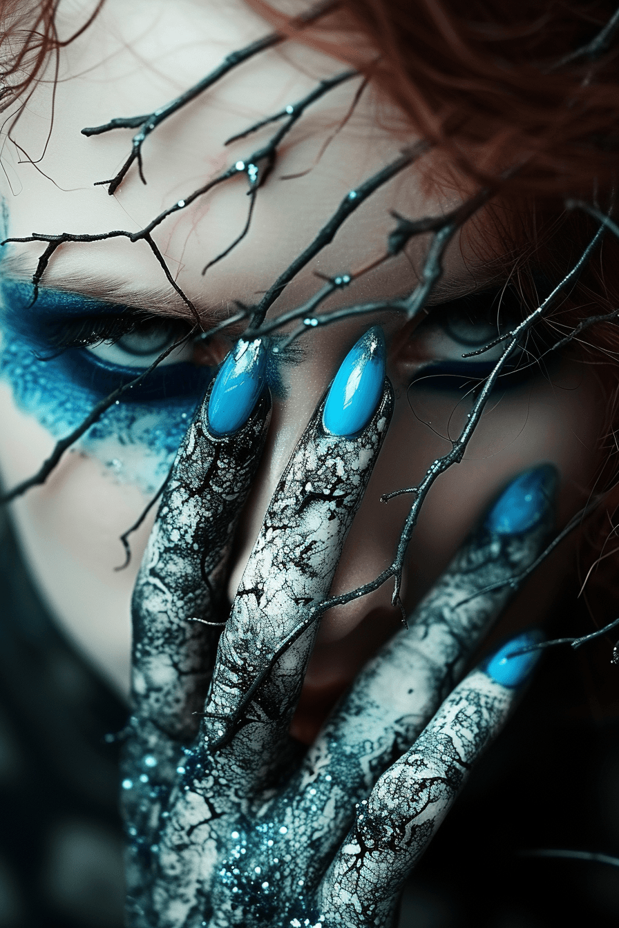 AI generated: a woman with blue nails and paint on , in the style of lightningwave, leather/hide, trapped emotions...