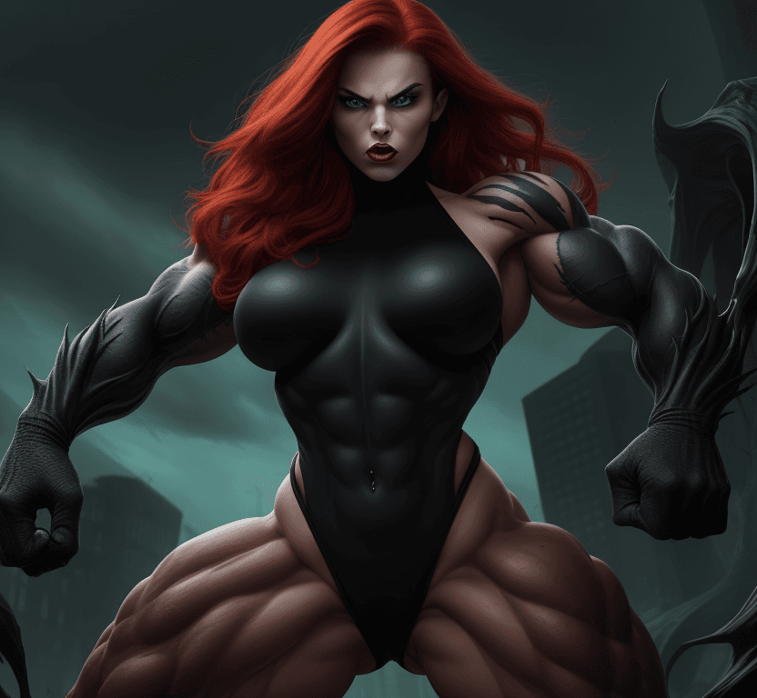 AI generated: 1 young beautiful bodybuilder woman with a wide strong jaw wearing a black monster symbiote, red hai...