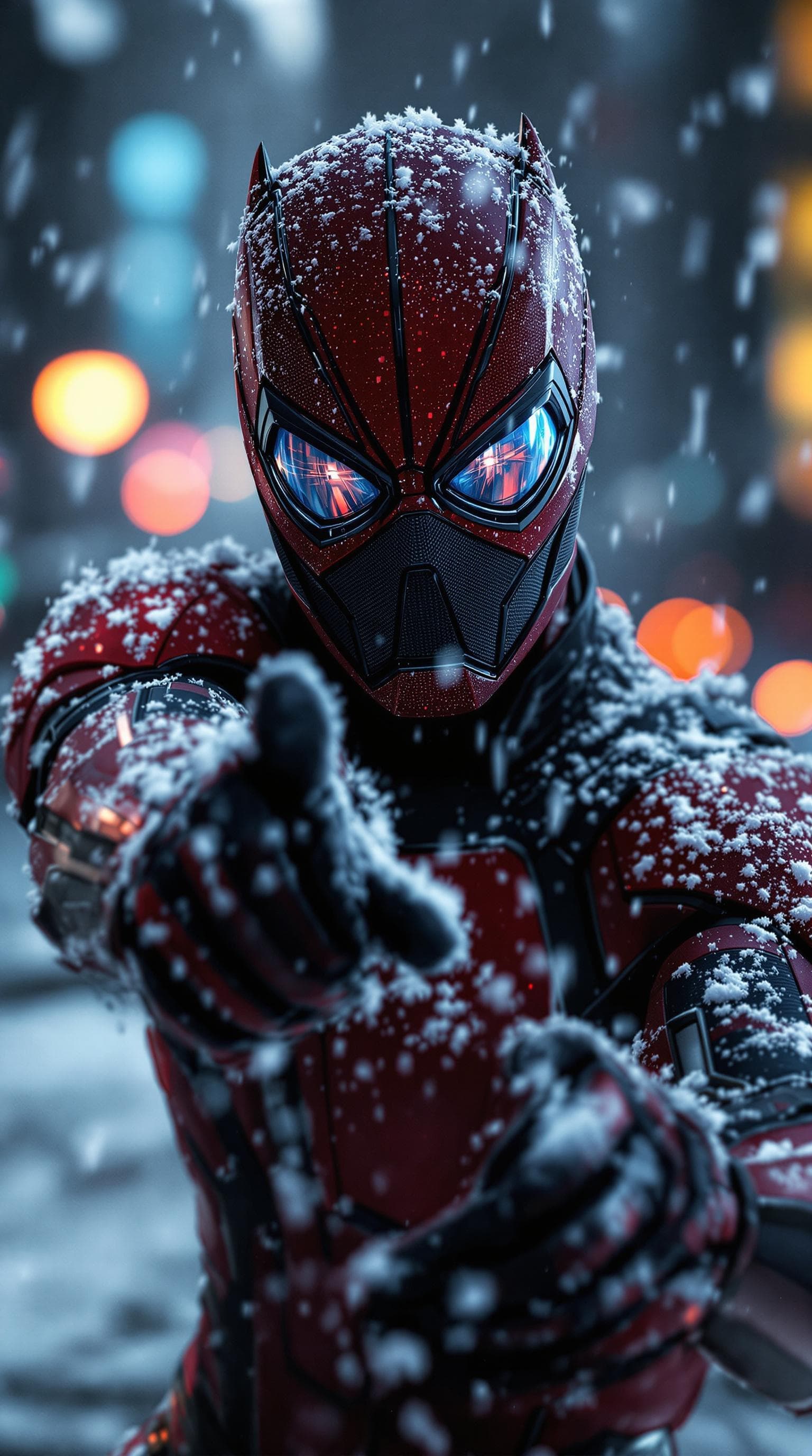 AI generated: A highly detailed cinematic action shot of a masked superhero in a sleek, form-fitting red and black...