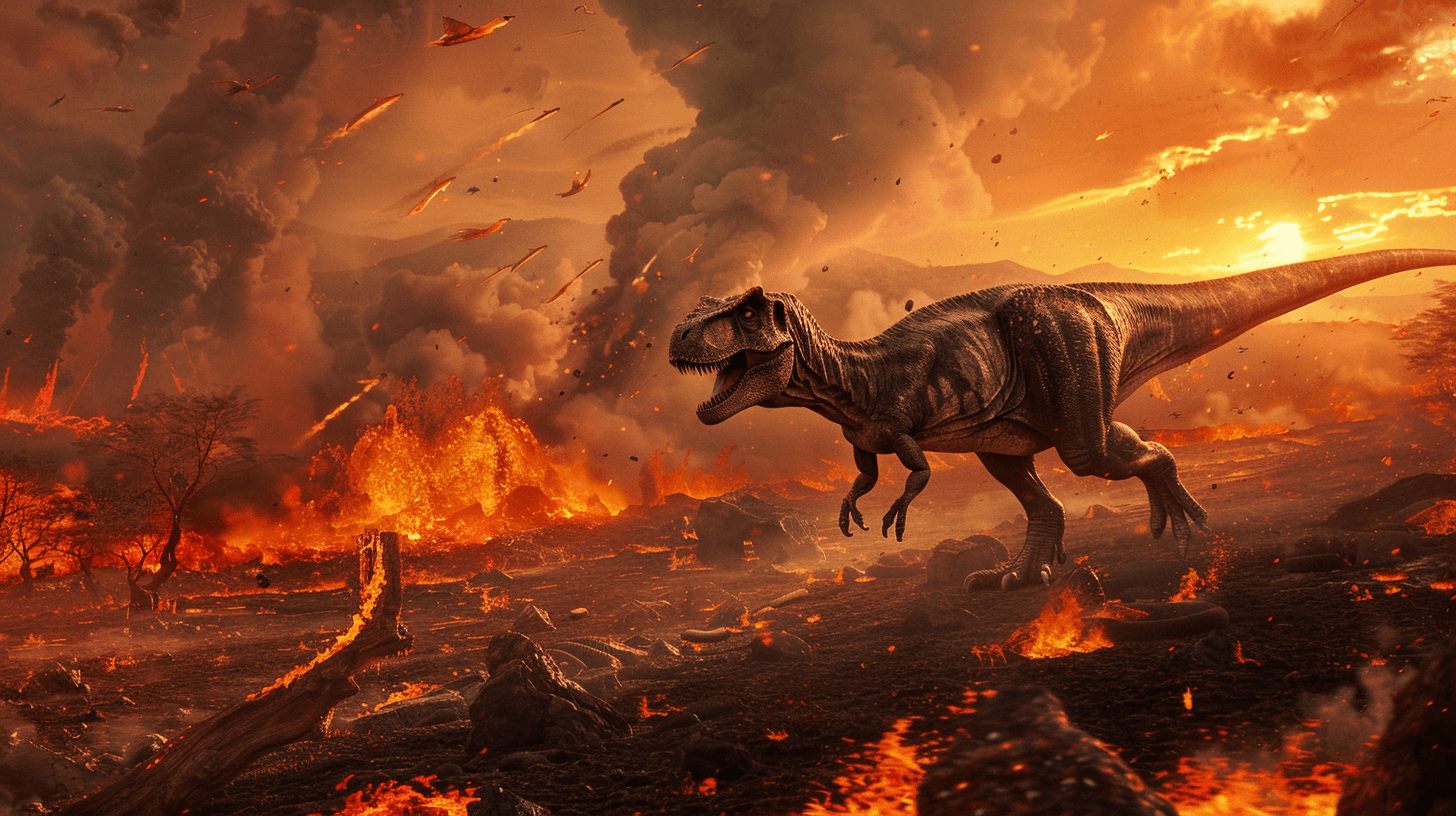 AI generated: Cretaceous period, dinosaur escape busy, volcanic eruption, lava eruption, tree burning, high angle ...