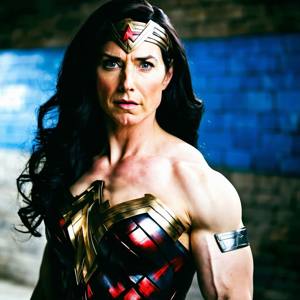 AI generated: A transgender dressed as wonder woman, muscular,  athletic
