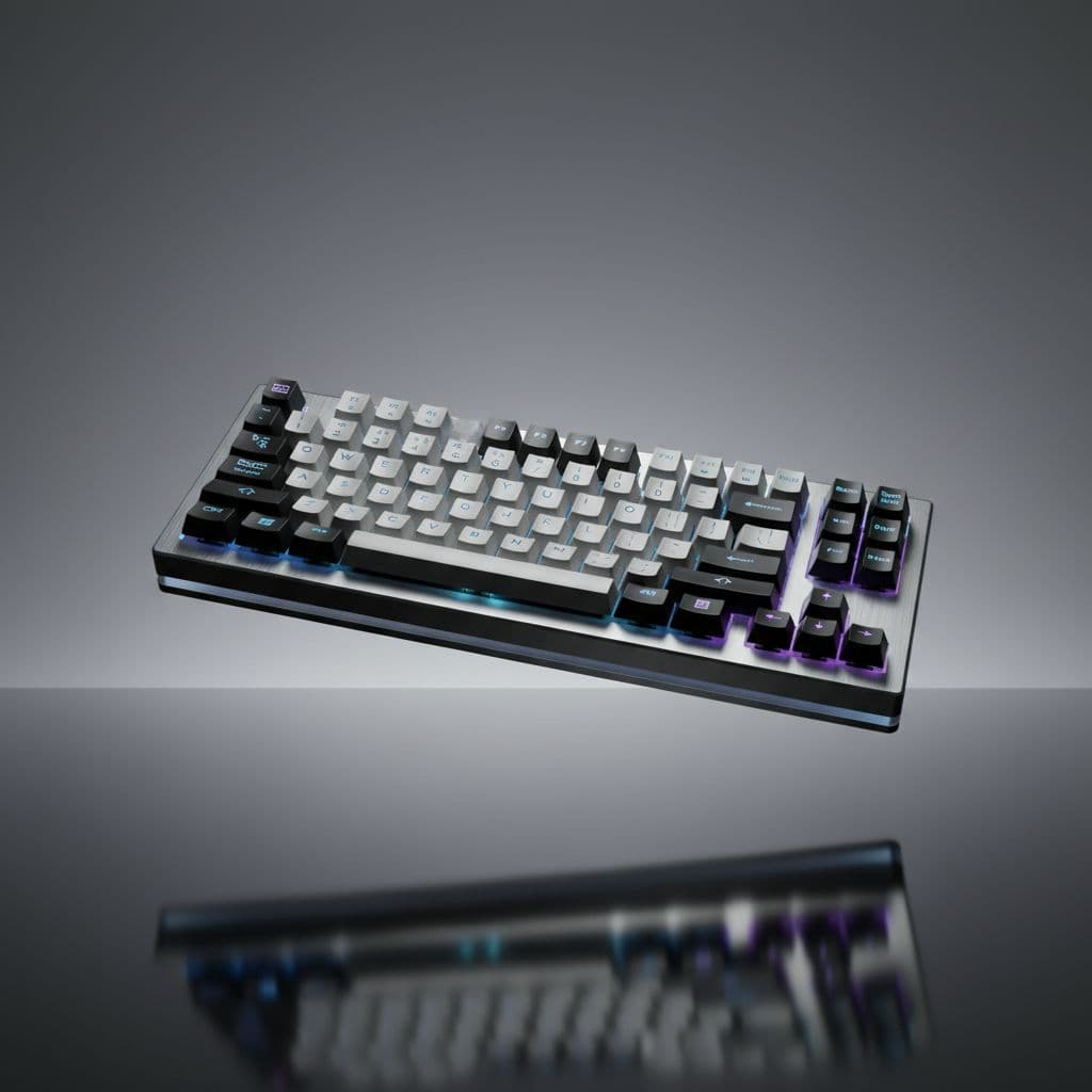 AI generated: Professional studio 3D render of a premium keyboard floating above a reflective surface. Clean gradi...