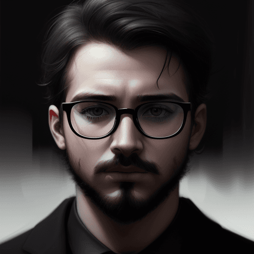 AI generated: digital wallpaper portrait of an anonymous, baby men face with black glasses, gloomy background, maj...