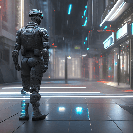 AI generated: Futuristic soldier with hi-tech armor and weaponry, holograms navigations, street, overcast, reflect...