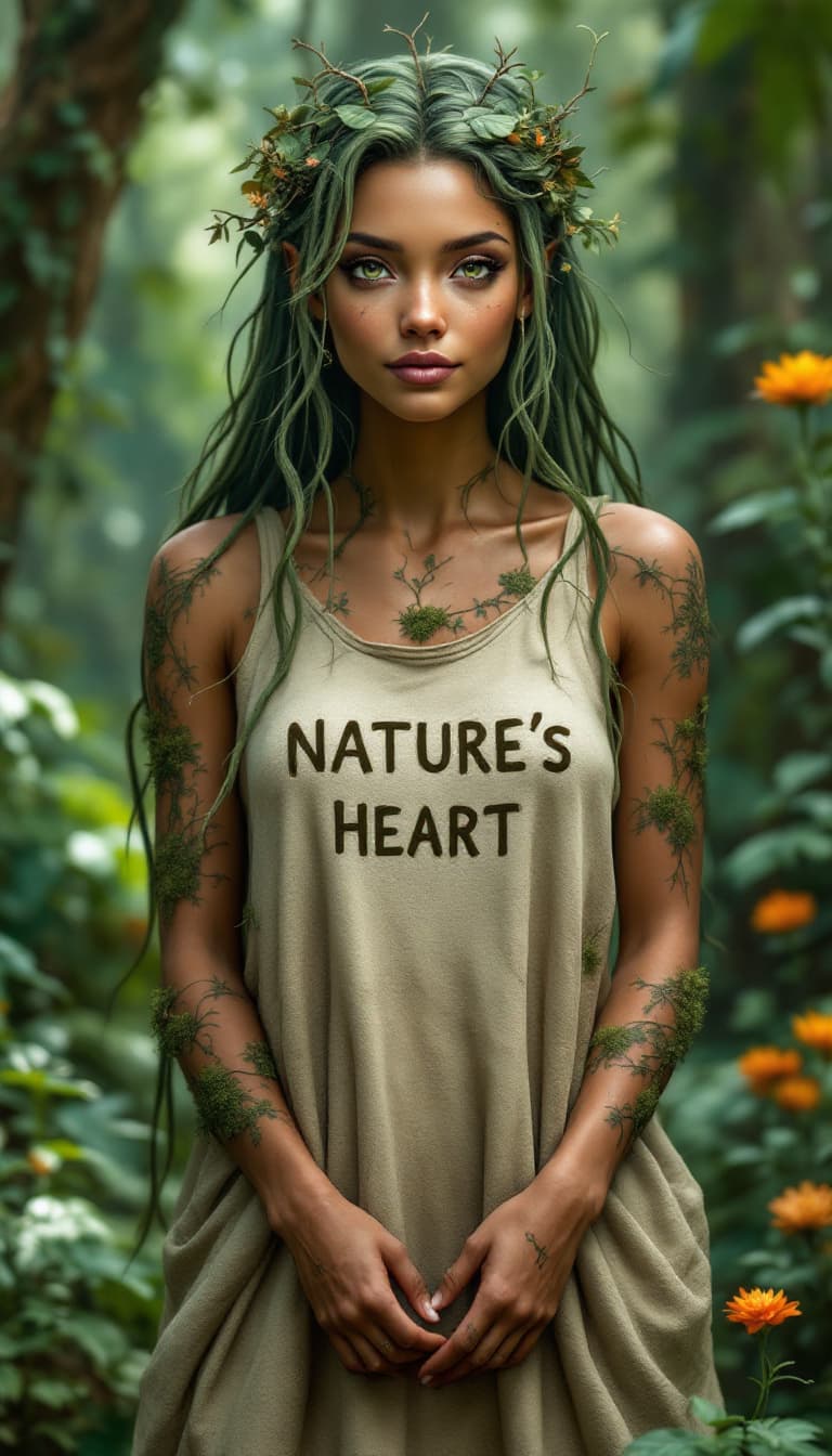 AI generated: A hyper-realistic portrait of a female plant elemental with bark skin and long, leafy green hair, st...