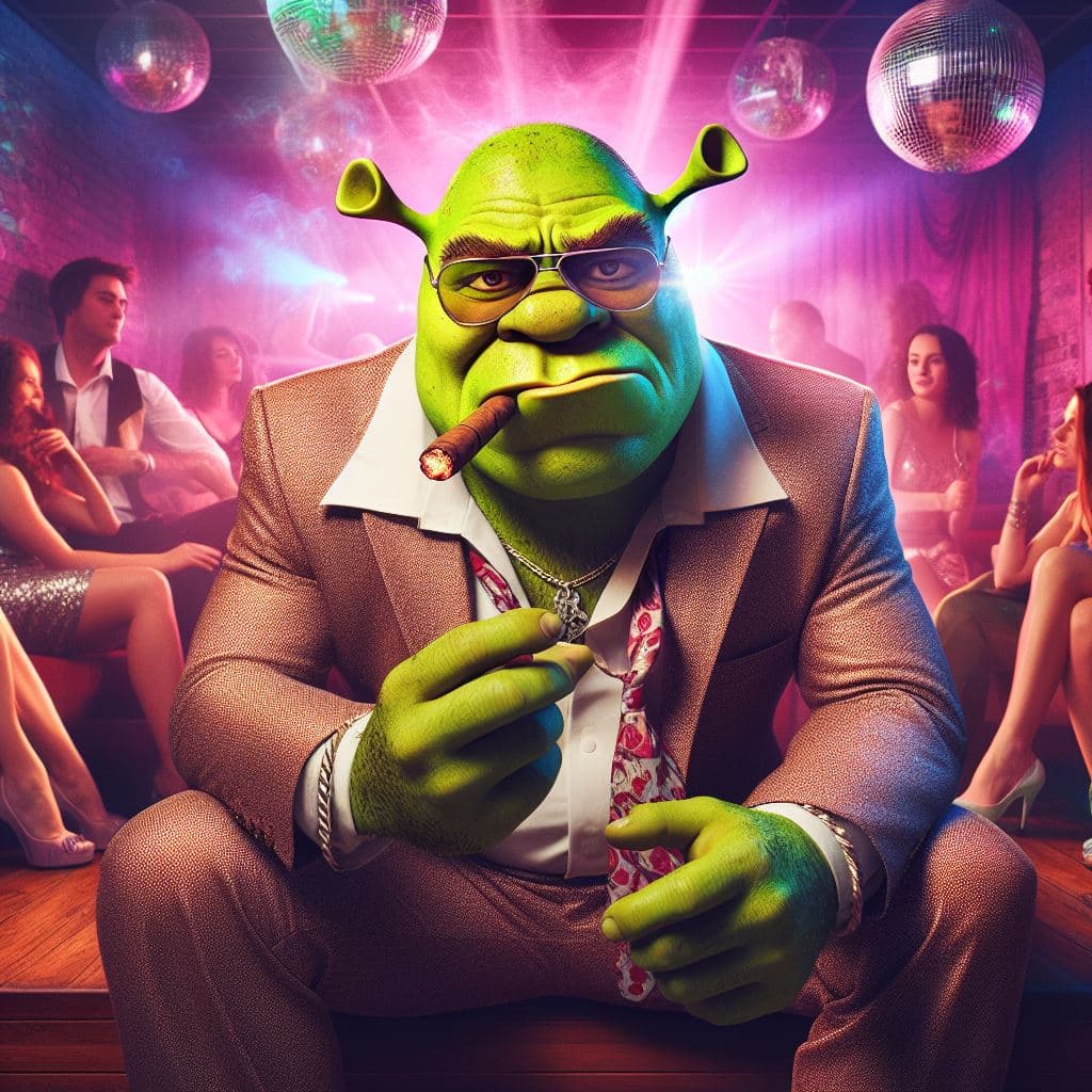 AI generated: Shrek dressed in a smart suit smoking a cigar in a disco seated in the air tickets to girls , humour