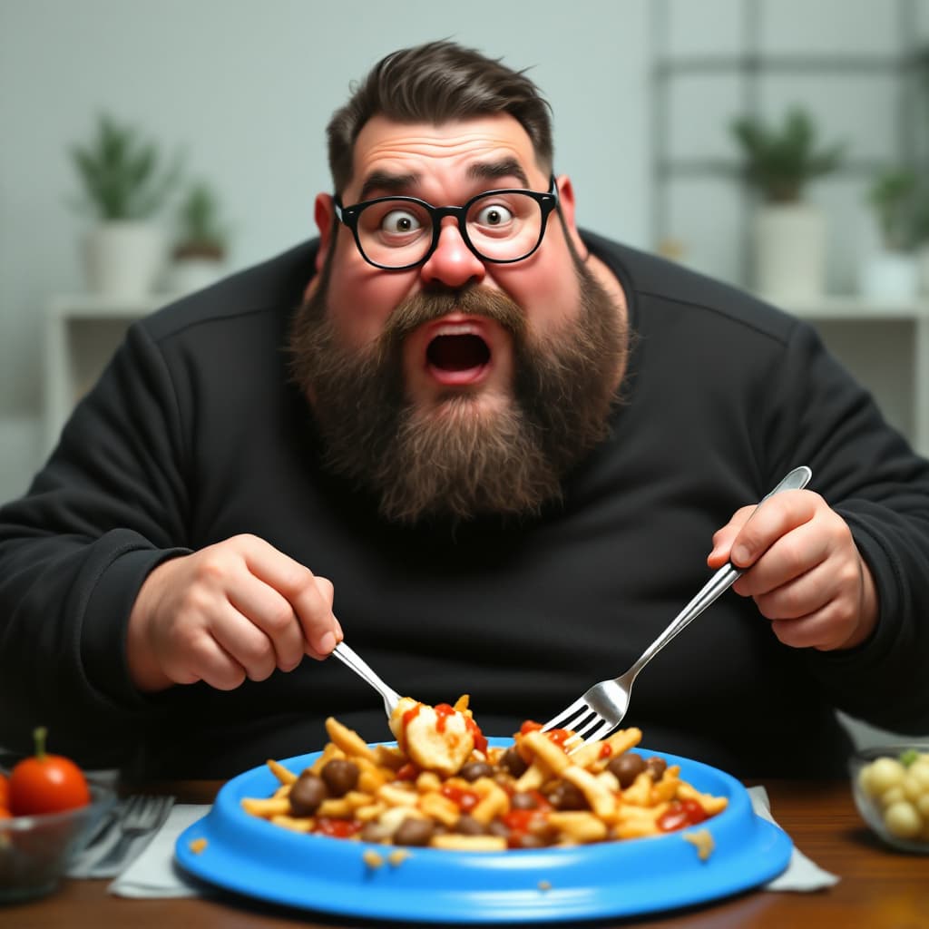 AI generated: Hyper realistic FAT MAN WITH GLASSES, BEARD AND MUSTACHE, EATING ON A BLUE DOG PLATE
