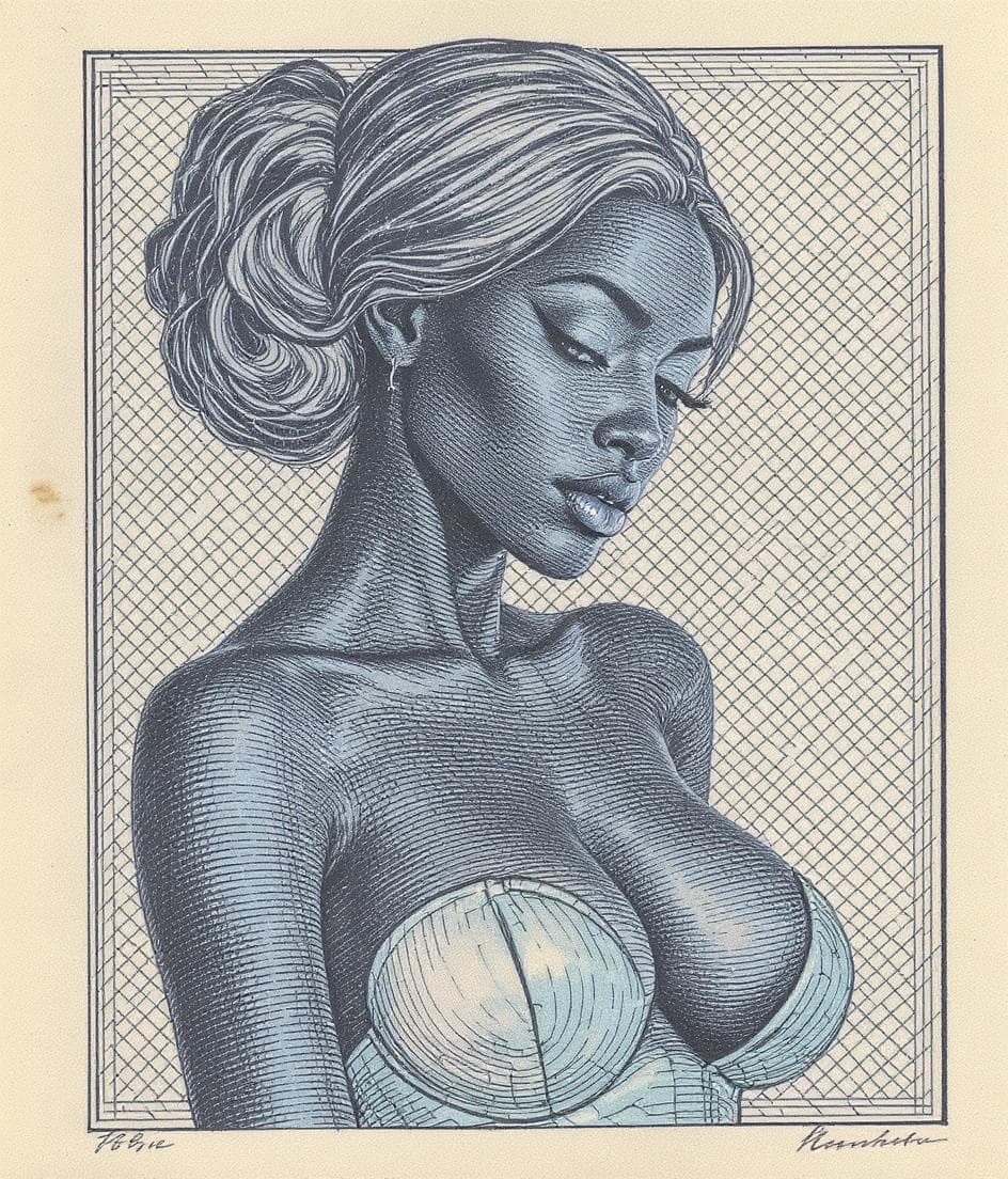 AI generated: Intricate intaglio etching of a woman. Use traditional printing techniques used to print money.