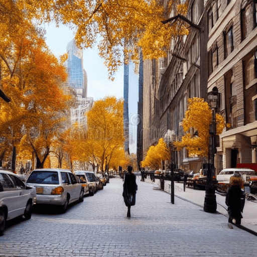 AI generated: A detailed street view of New York during fall, sidewalk lined with golden trees, people dressed in ...