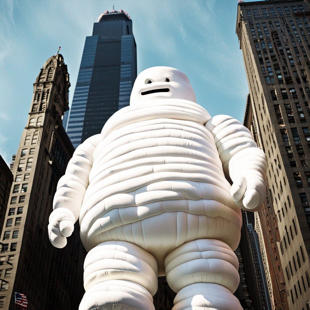 AI generated: digital photograph of a gigantic marshmallow man looking over top skyscrapers, walking down New York...