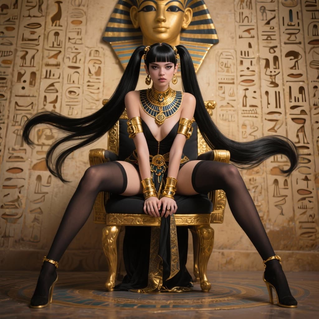 AI generated:  female 18 years old,,dressed like egyptian goddes(golden egyptian  jewelry) black ponytails, sittin...