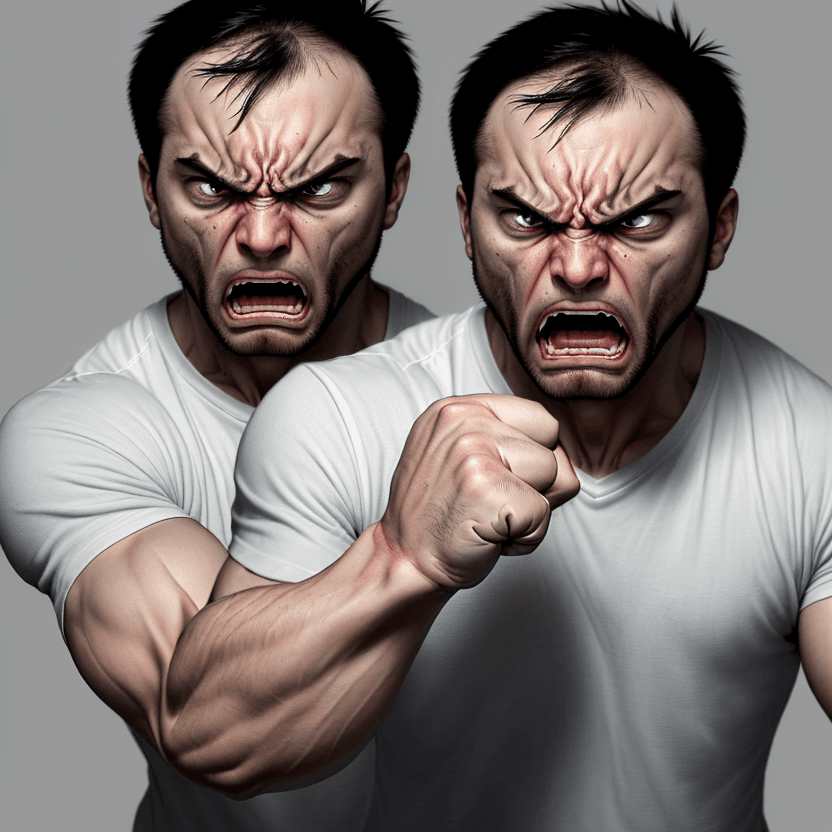 AI generated: The first image shows a visibly frustrated man, with an angry and aggressive expression. His face is...