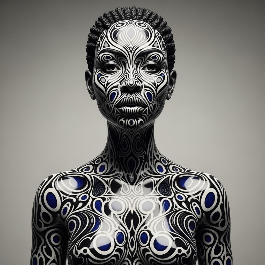 AI generated: a black woman made out of black porcelain, in the style of balanced symmetry, white and blue, detail...
