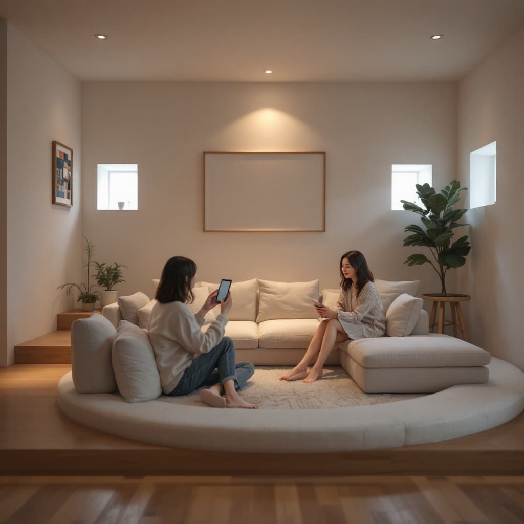 AI generated: High resolution photography interior design, dreamy sunken living room conversation pit, wooden floo...