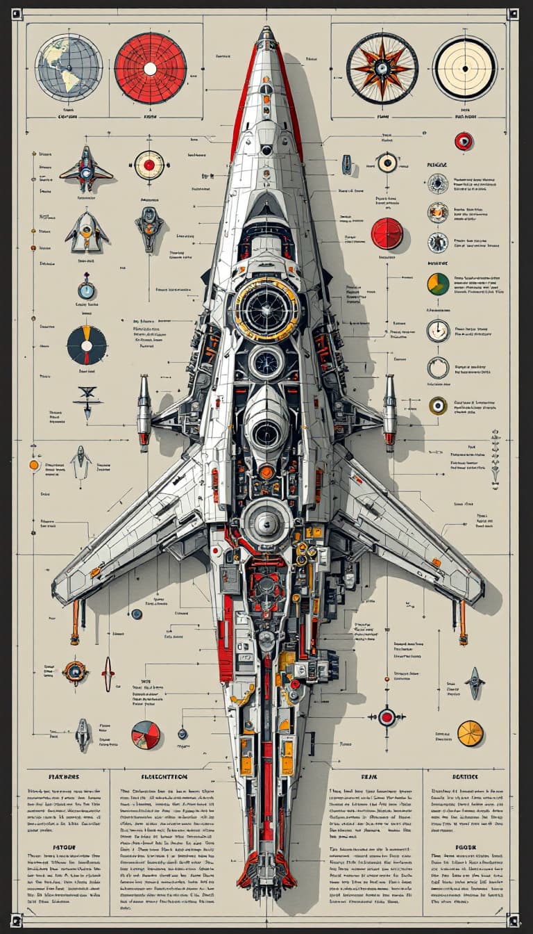 AI generated: intricately detailed scientific chart of an starship , hand drawn illustrations in full colour, show...