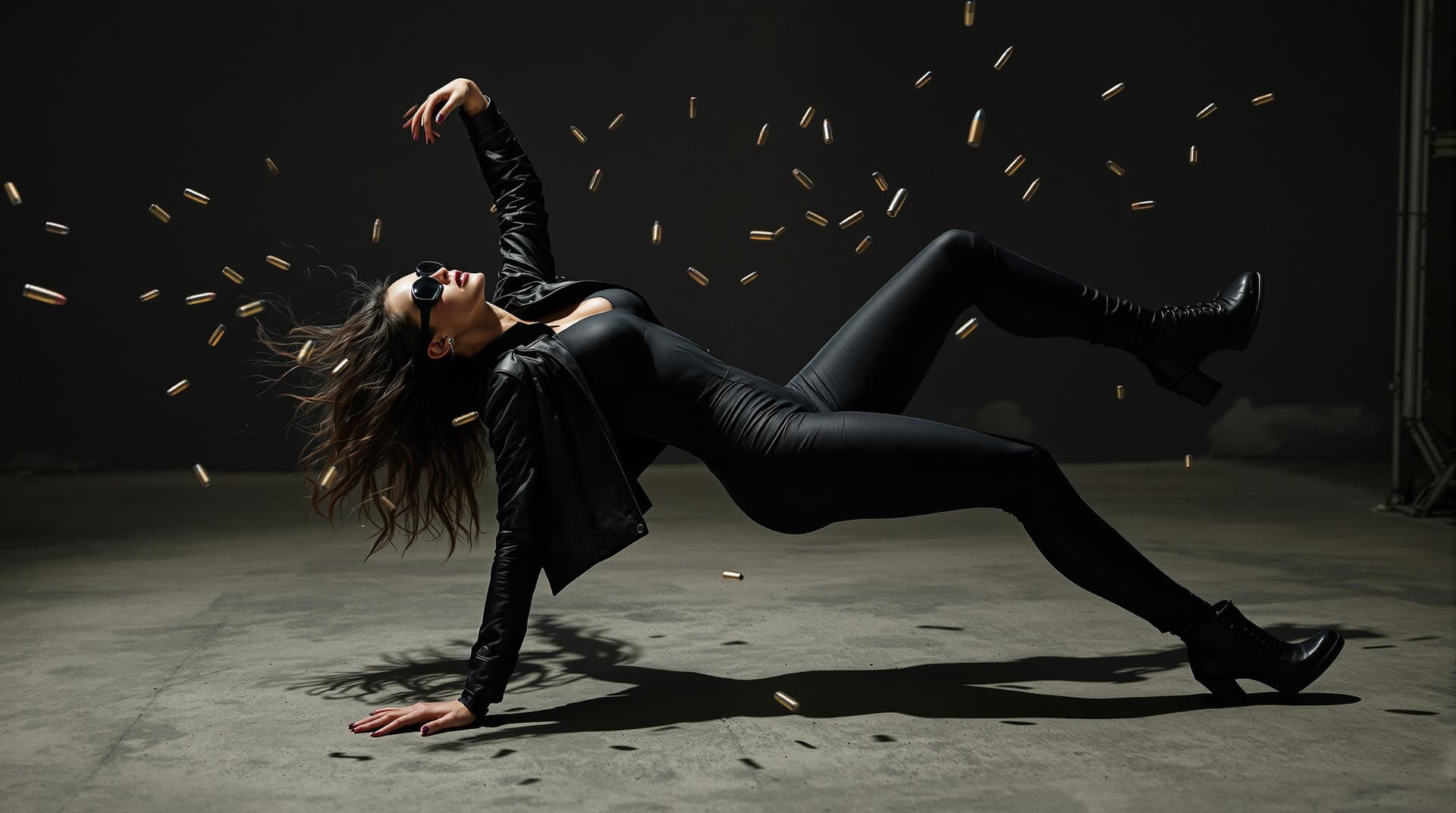 AI generated: It's a dynamic and dramatic scene with a Woman dressed in a black form-fitting outfit that includes ...