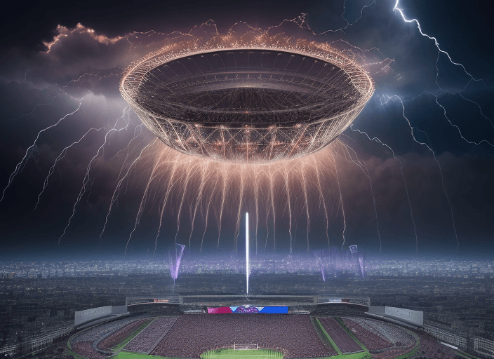AI generated: Grand Olympic stadium Paris 2024 in the throes of a thunderous climax, streaks of lightning punctuat...