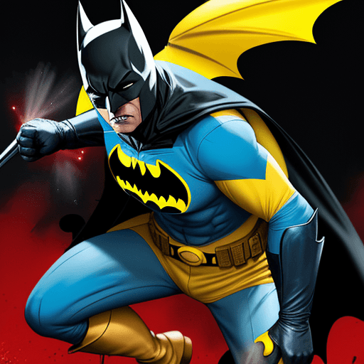 AI generated: YELLOW AND BLUE BATMAN WITH  RADIO ANTENNAS ON THE SIDE OF HIS MASK is in a FIGHT WTH A RED SPANDEX ...