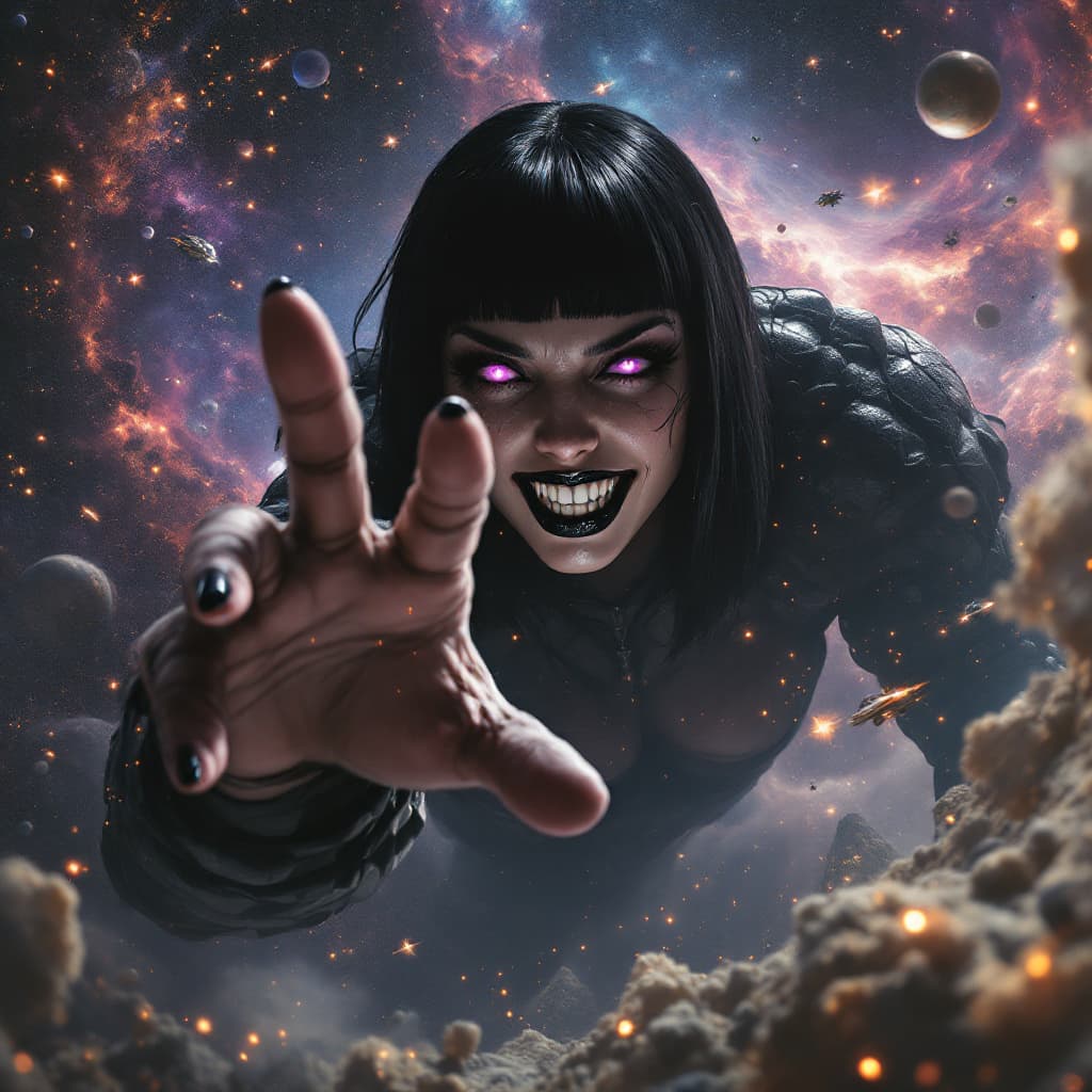 AI generated: enormous giantess female who looks exactly like WWE superstar 
 Rhea Ripley with black medium length...