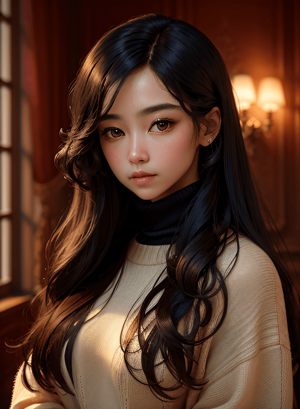 AI generated: arms at sides, portrait, looking directly at viewer, best quality, upper body, sweater, woman, brown...