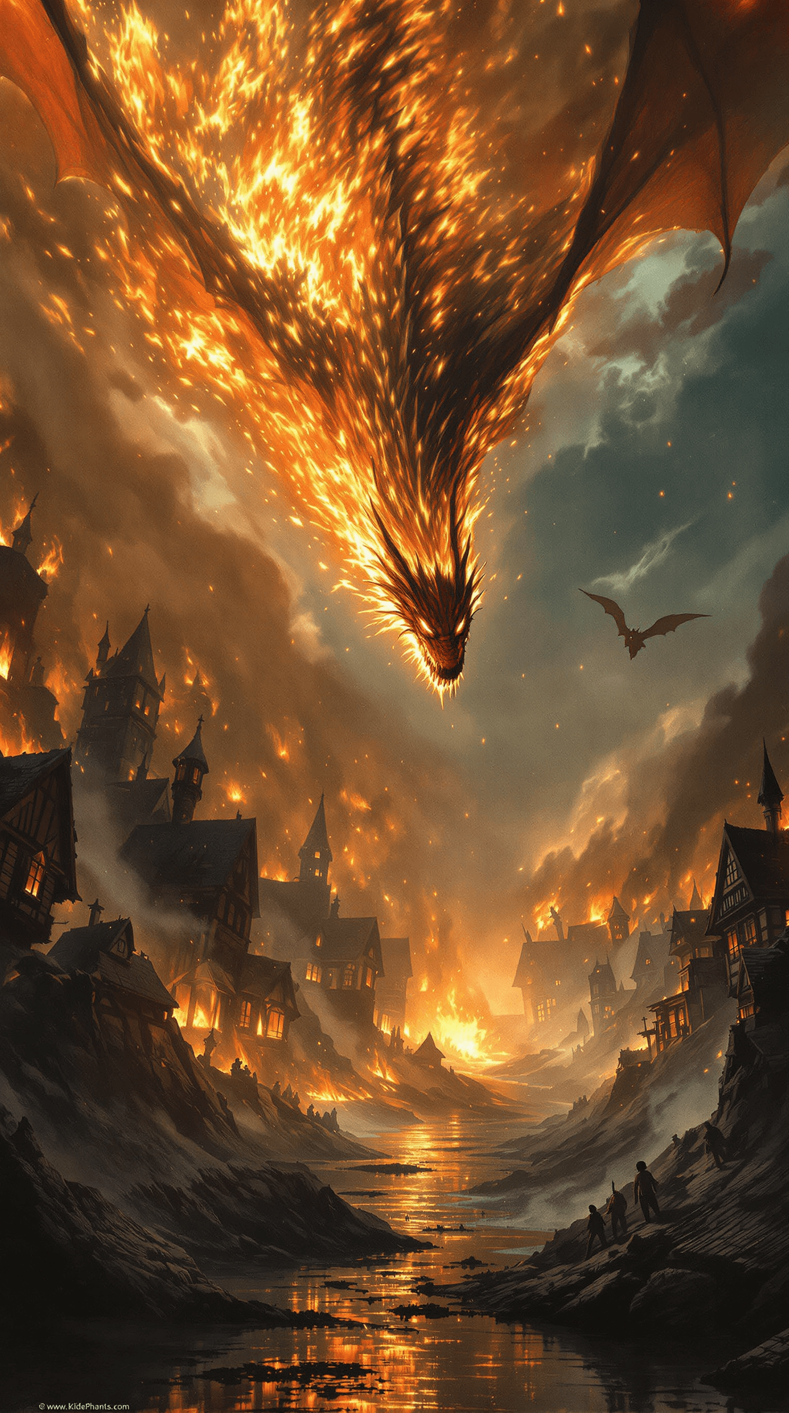 AI generated: Create a dramatic and detailed image of Smaug attacking Lake Town from J.R.R. Tolkien’s Middle-earth...