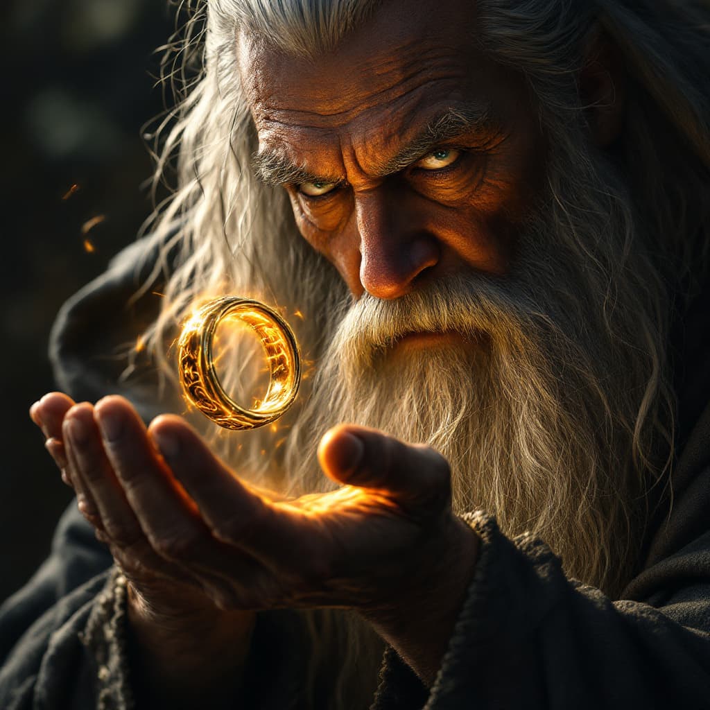 AI generated: A hyperrealistic close-up, half-figure portrait of Gandalf the Grey, his intense gaze focused downwa...