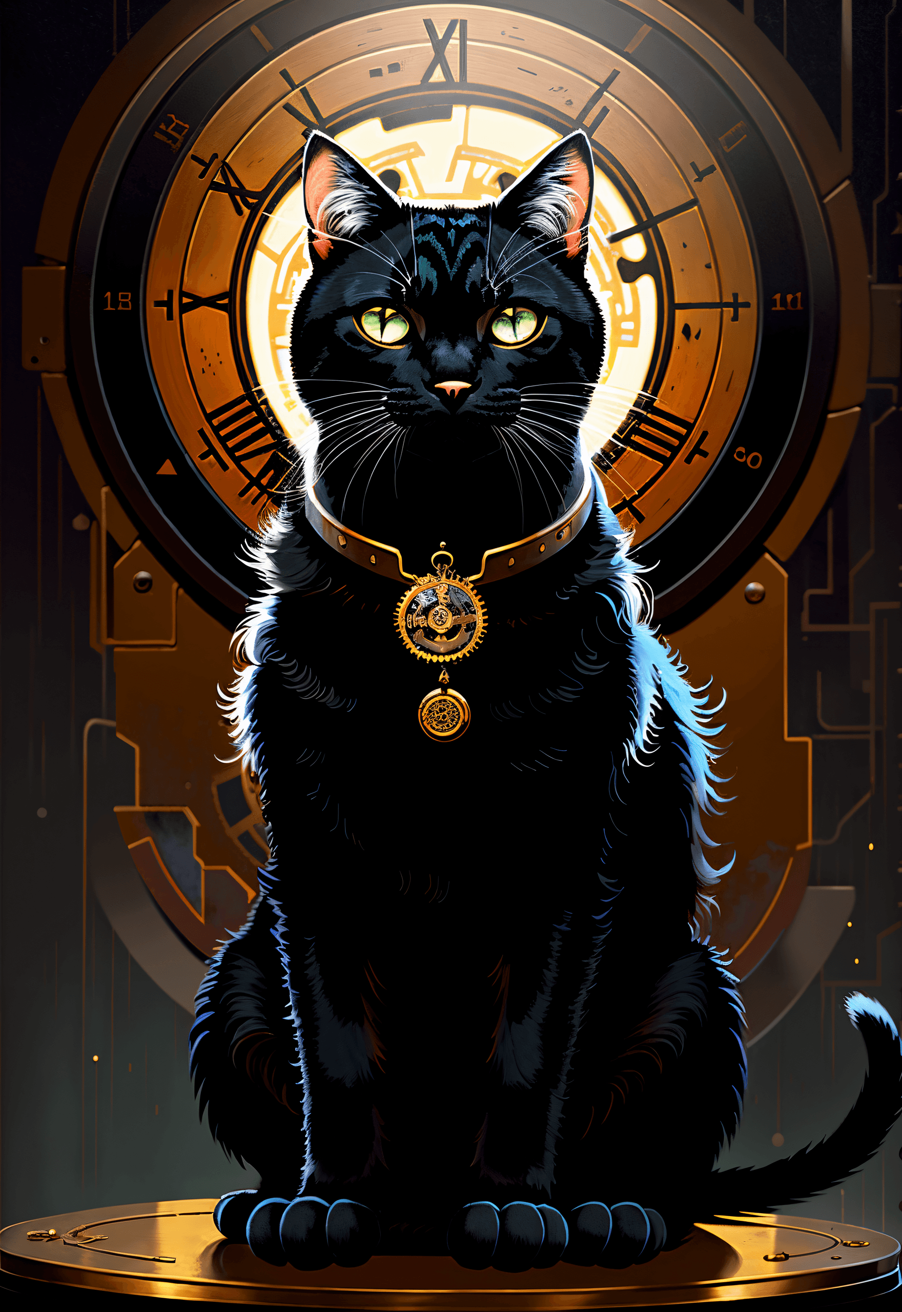 AI generated: style of James C. Christensen , black cat holding cog and spilt the dimension to each part in center...