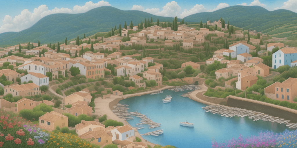 AI generated: Enchantingly beautiful summer landscape of a Spanish village with houses, flowers on the foreground,...