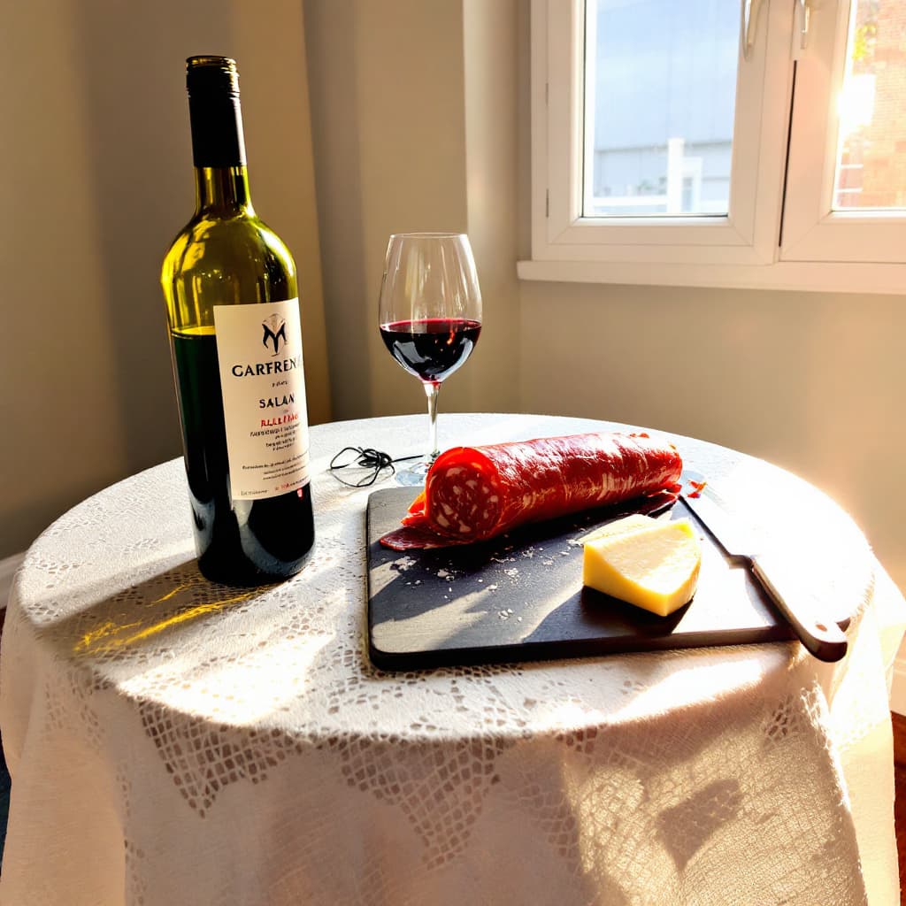 AI generated: A bottle of red wine, a salami and a wedge of white cheese on a cutting board sitting on a round tab...