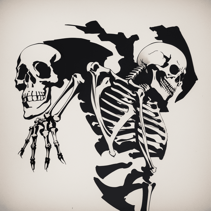 AI generated: Skeleton, in style of Banksy, character, ink art, side view --ar 2:3
