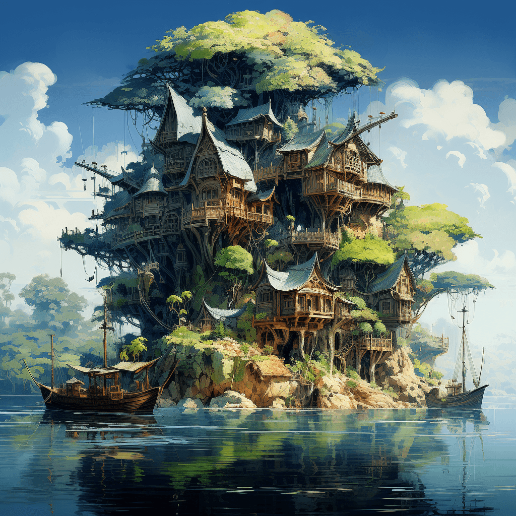 AI generated: Monet style; A small island of the ocean, a giant Pina tree, a wooden house right under it, a giant ...