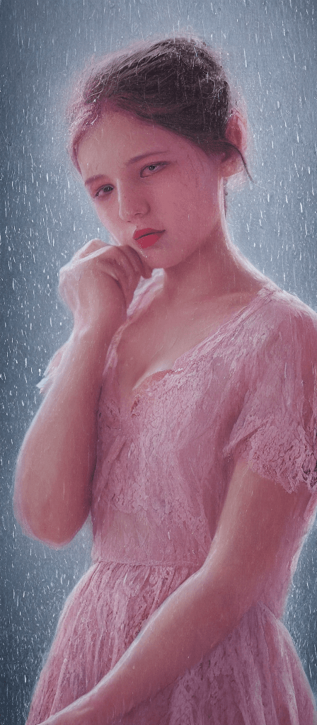 AI generated: Beautiful girl 20 years old in a pink lace dress with threads, in the style of hyperrealism and phot...