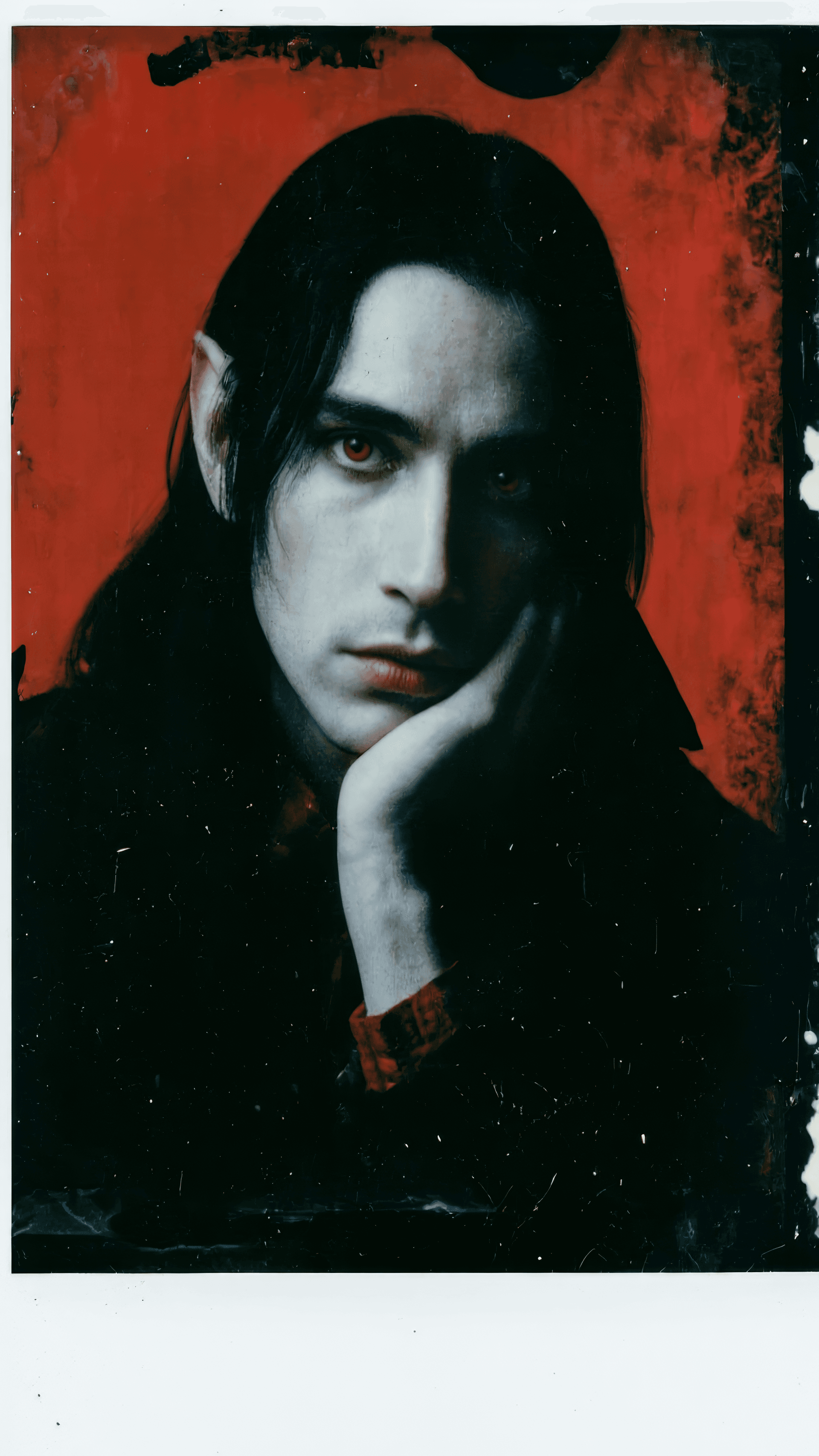 AI generated: A Polaroid-style image of a brooding vampire with long dark hair, pointed ears, and red eyes. He is ...