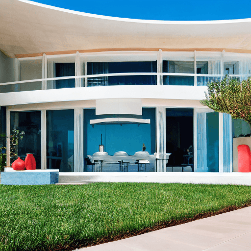 AI generated: Hyper realistic eye level exterior photo of a mid century modern style house overlooking the ocean, ...
