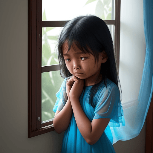 AI generated: In the bedroom next to the window, there was a 4 year old Indonesian girl crying, tears streaming do...