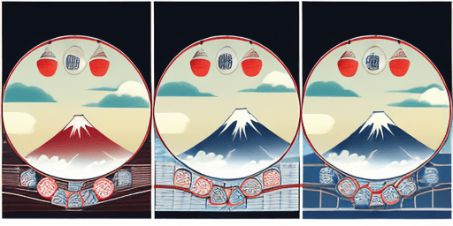 AI generated: Here is the prompt in English:

"Create a pattern with stylized depictions of Mount Fuji, a uchiwa f...