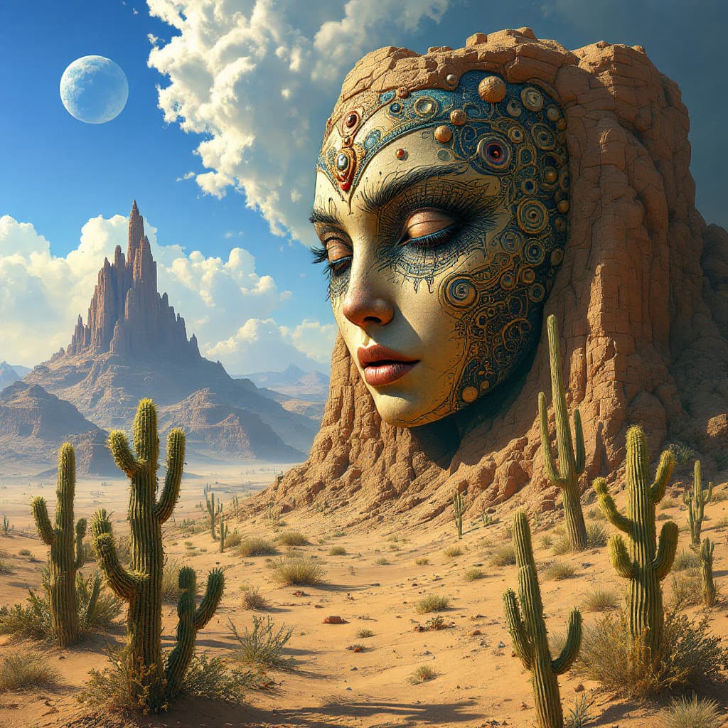 AI generated: large humanoid face with detailed and complex facial in the desert, a fantasy landscape in the style...